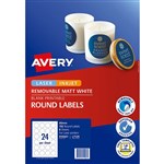 AVERY 910007 L7129 REMOVABLE BLANK LABELS ROUND LASERINKJET 24UP MATTE 40MM WHITE PACK 192