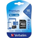 VERBATIM PREMIUM MICROSDHC MEMORY CARD WITH ADAPTER UHSI V10 U1 CLASS 10 16GB