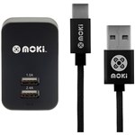 MOKI WALL CHARGER AND SYNCHARGE BRAIDED CABLE USBA TO USBC 900MM BLACK